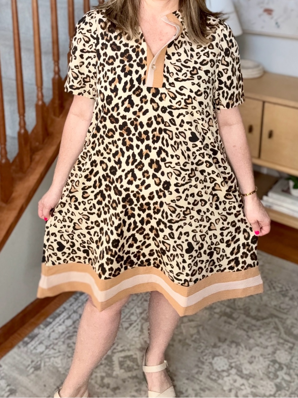 Haptics Brand New Leopard Short Sleeve Dress in Beige and Black
